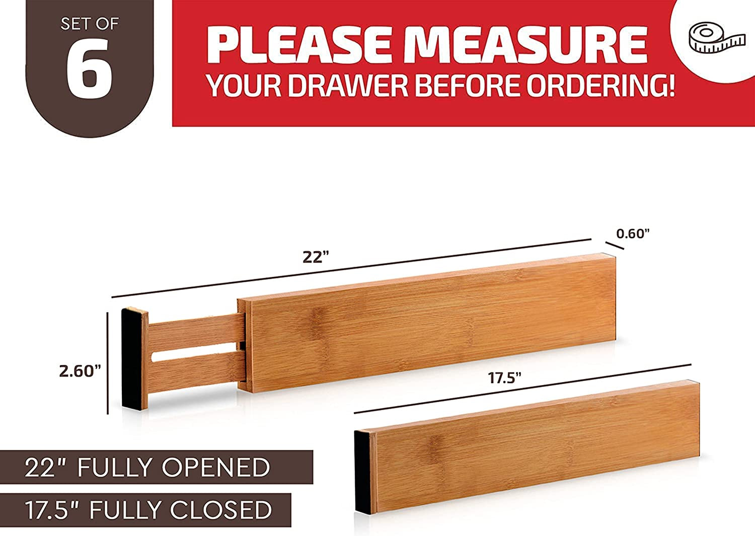 Large Kitchen Drawer Organizer - Expandable Bamboo Drawer Dividers (17" - 21.5") - Adjustable Separators for Kitchen, Clothes, Dresser, Bedroom, Bathroom, and Desk Drawers - 6 Pack