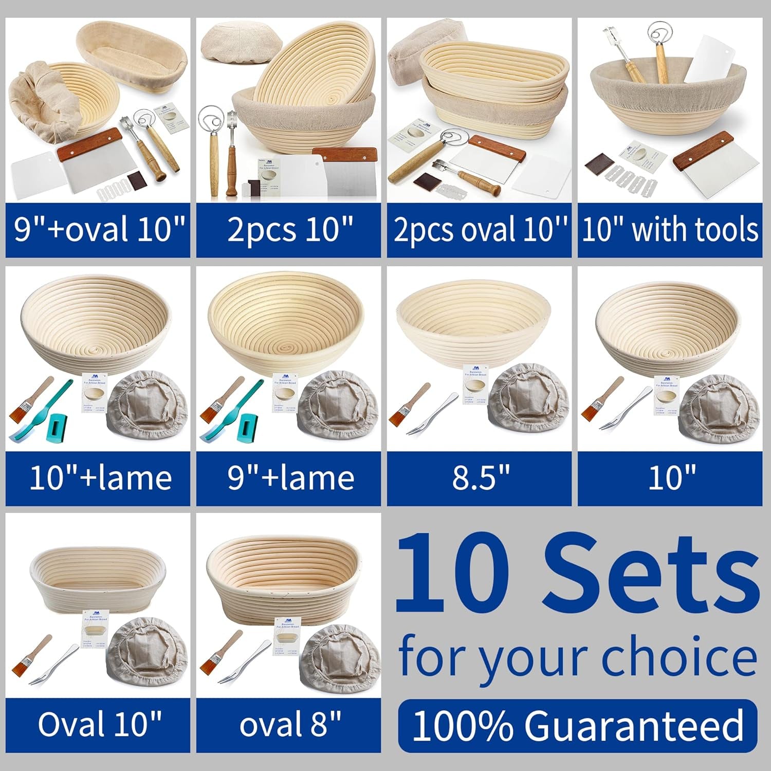 10-Inch Round Banneton Proofing Basket for Bread and Dough with Accessories: Includes Free Brush, Liner, and Bread Lame (Holds Up to 1000G Dough)