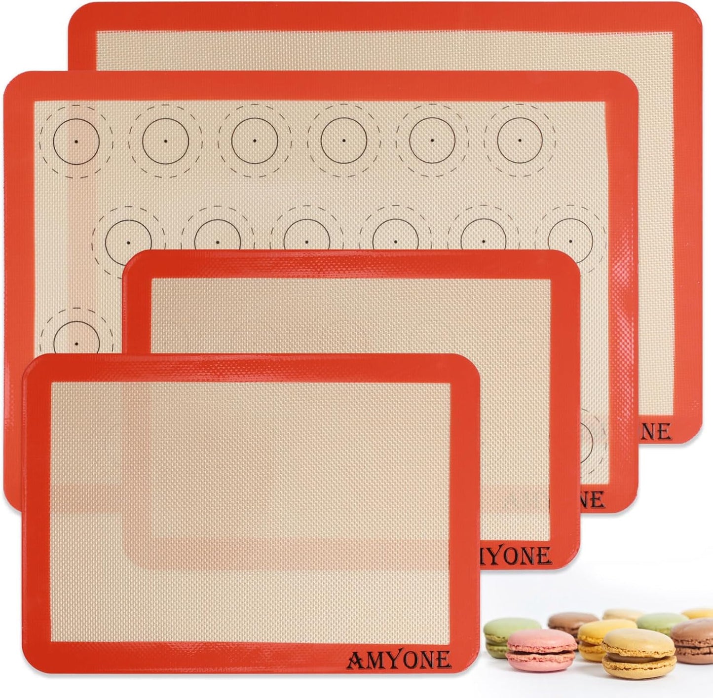 Set of 4 Silicone Baking Mats - Non-Stick Reusable Liners for 11" X 17" Half Sheet and 8" X 12" Quarter Sheet, Ideal for Baking Macarons, Cookies, Bread, and Pastries