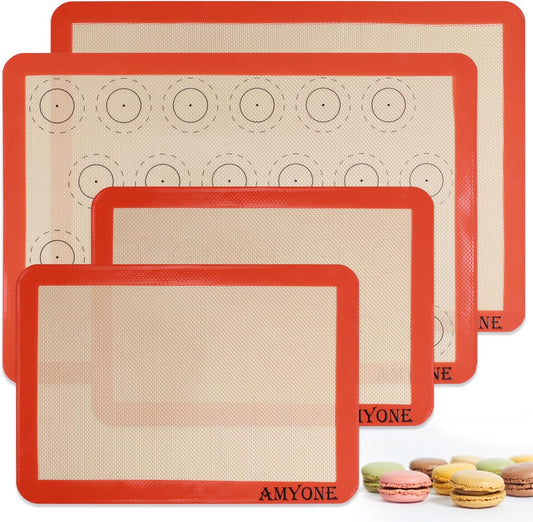 Set of 4 Silicone Baking Mats - Non-Stick Reusable Liners for 11" X 17" Half Sheet and 8" X 12" Quarter Sheet, Ideal for Baking Macarons, Cookies, Bread, and Pastries