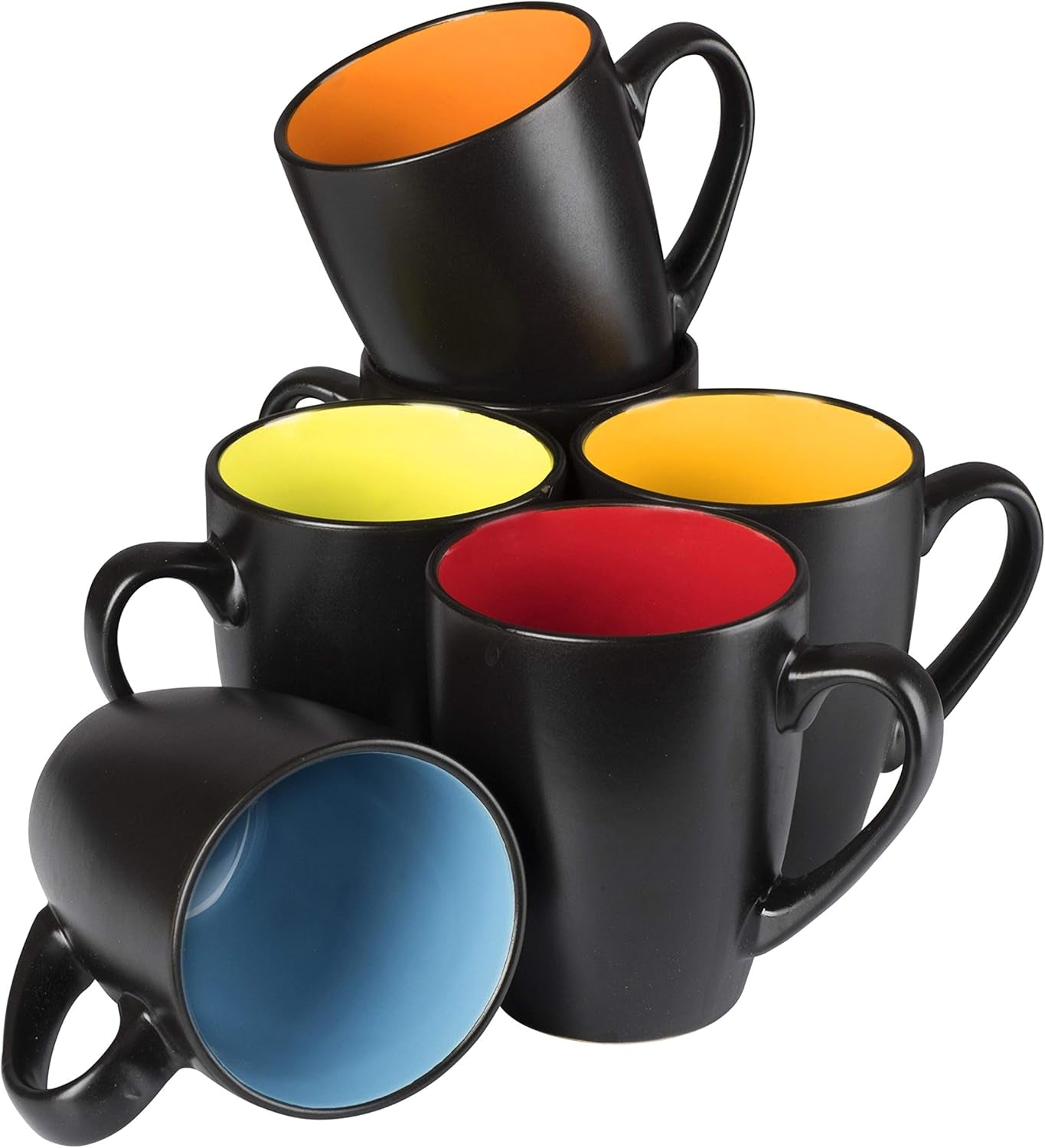 Black Coffee Mugs 14Oz Set of 6 - Stoneware Coffee Mug Fits Coffee Makers - Black Cup with Multi Color Inside