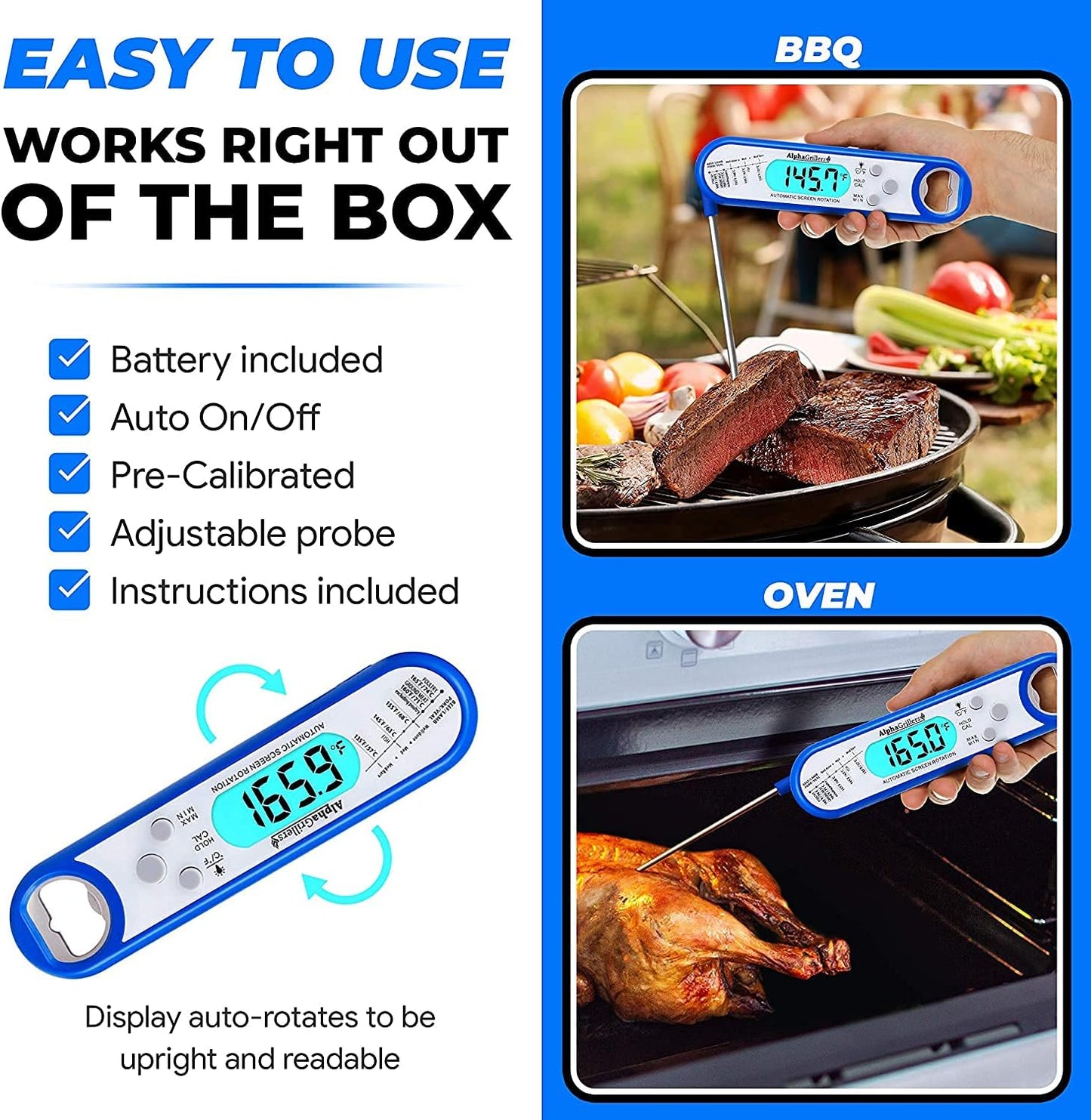 Instant Read Meat Thermometer for Grill and Cooking. Best Waterproof Ultra Fast Thermometer with Backlight & Calibration. Digital Food Probe for Kitchen, Outdoor Grilling and BBQ! Blue