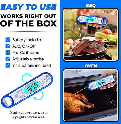 Instant Read Meat Thermometer for Grill and Cooking. Best Waterproof Ultra Fast Thermometer with Backlight & Calibration. Digital Food Probe for Kitchen, Outdoor Grilling and BBQ! Blue