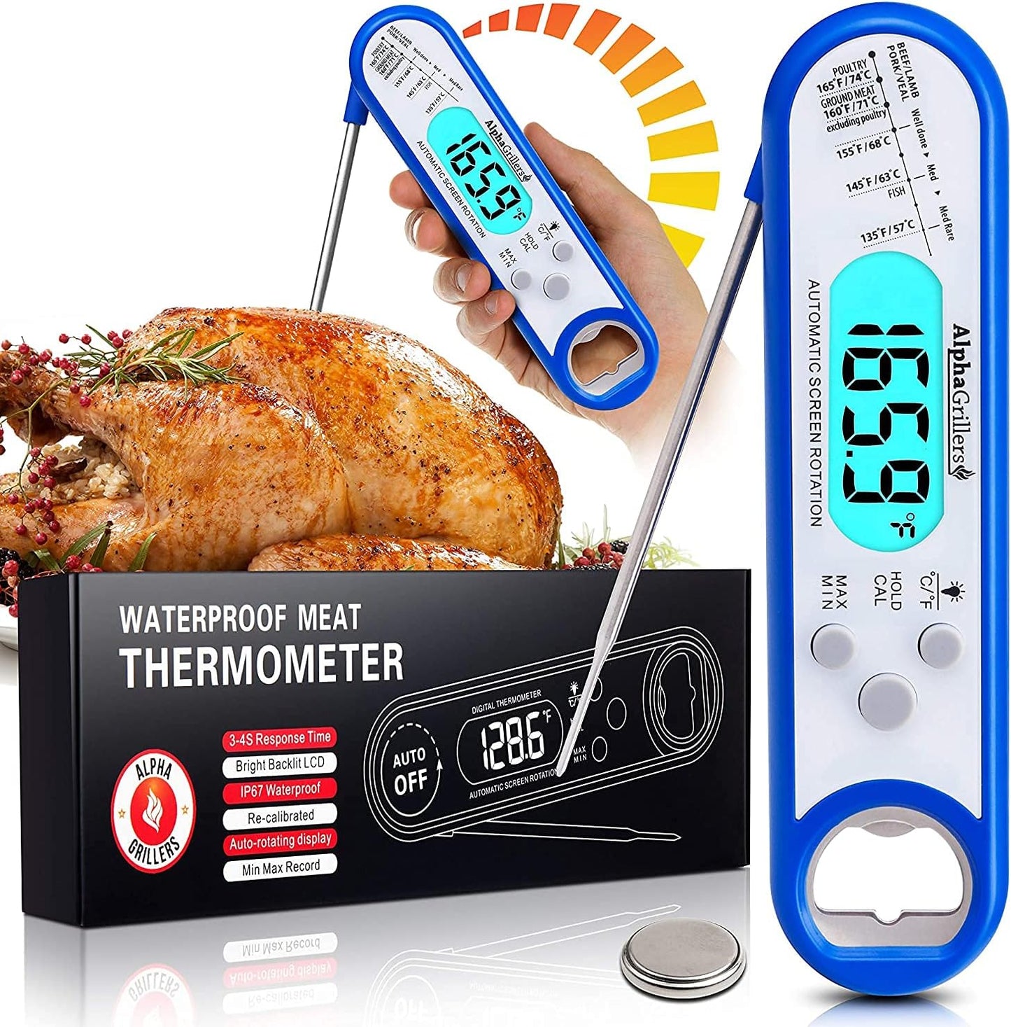 Instant Read Meat Thermometer for Grill and Cooking. Best Waterproof Ultra Fast Thermometer with Backlight & Calibration. Digital Food Probe for Kitchen, Outdoor Grilling and BBQ! Blue