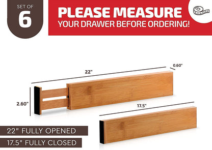 Large Kitchen Drawer Organizer - Expandable Bamboo Drawer Dividers (17" - 21.5") - Adjustable Separators for Kitchen, Clothes, Dresser, Bedroom, Bathroom, and Desk Drawers - 6 Pack