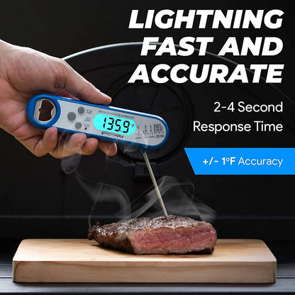 Instant Read Meat Thermometer for Grill and Cooking. Best Waterproof Ultra Fast Thermometer with Backlight & Calibration. Digital Food Probe for Kitchen, Outdoor Grilling and BBQ! Blue