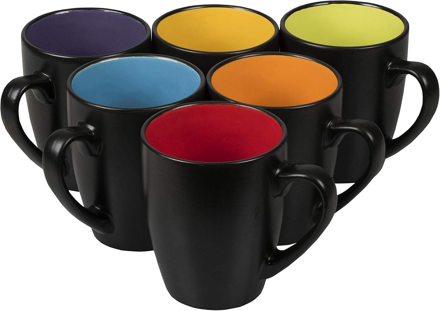 Black Coffee Mugs 14Oz Set of 6 - Stoneware Coffee Mug Fits Coffee Makers - Black Cup with Multi Color Inside