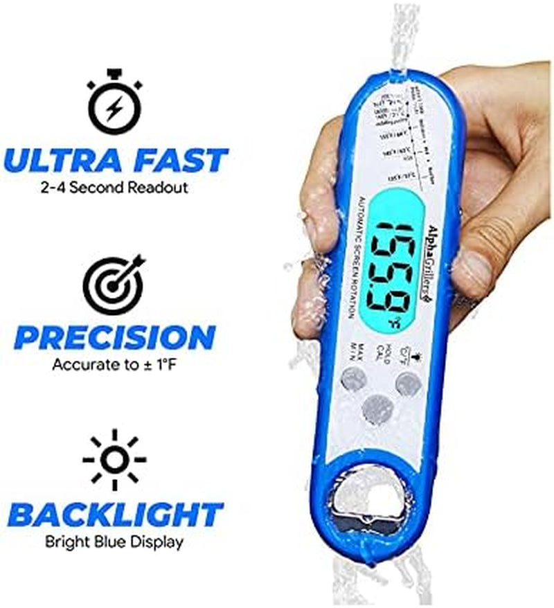 Instant Read Meat Thermometer for Grill and Cooking. Best Waterproof Ultra Fast Thermometer with Backlight & Calibration. Digital Food Probe for Kitchen, Outdoor Grilling and BBQ! Blue
