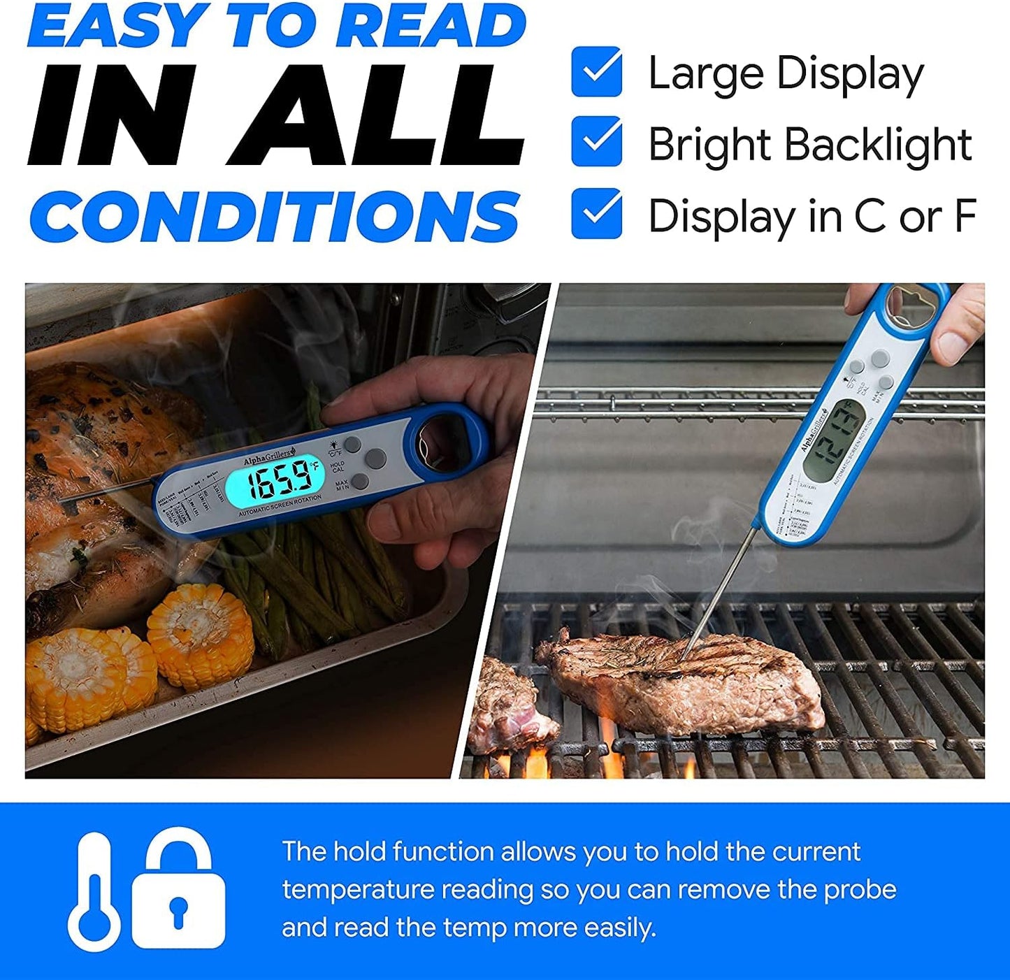 Instant Read Meat Thermometer for Grill and Cooking. Best Waterproof Ultra Fast Thermometer with Backlight & Calibration. Digital Food Probe for Kitchen, Outdoor Grilling and BBQ! Blue