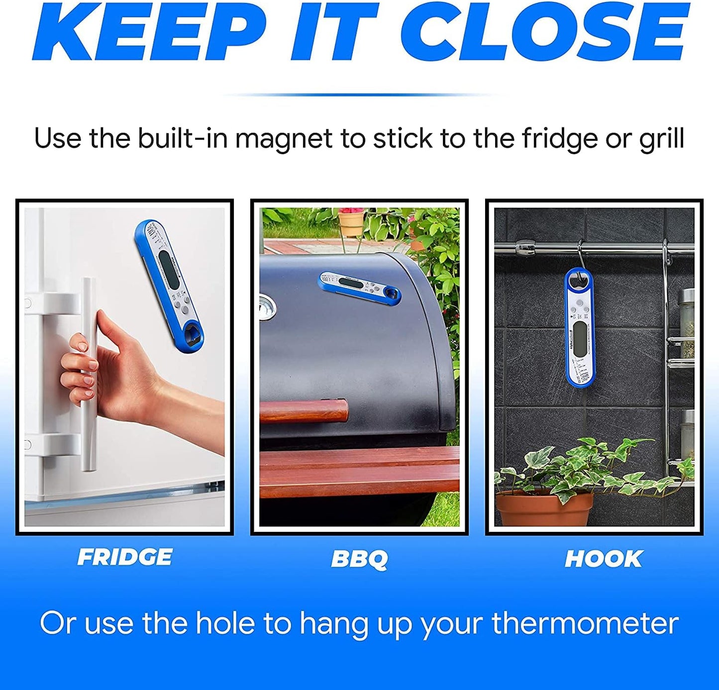 Instant Read Meat Thermometer for Grill and Cooking. Best Waterproof Ultra Fast Thermometer with Backlight & Calibration. Digital Food Probe for Kitchen, Outdoor Grilling and BBQ! Blue