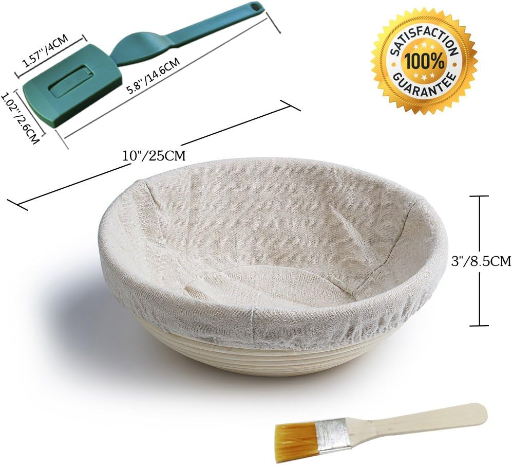 10-Inch Round Banneton Proofing Basket for Bread and Dough with Accessories: Includes Free Brush, Liner, and Bread Lame (Holds Up to 1000G Dough)