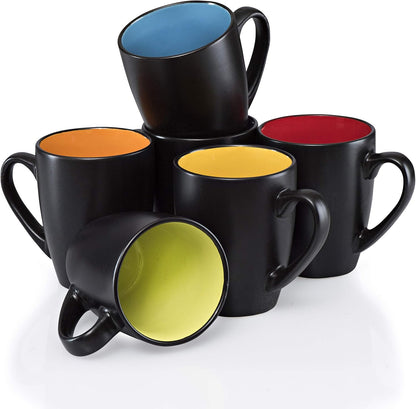 Black Coffee Mugs 14Oz Set of 6 - Stoneware Coffee Mug Fits Coffee Makers - Black Cup with Multi Color Inside