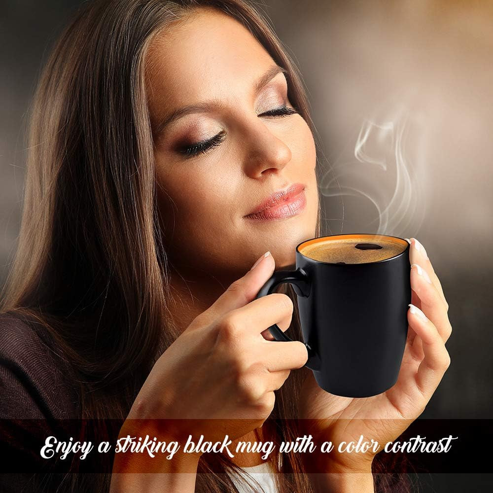 Black Coffee Mugs 14Oz Set of 6 - Stoneware Coffee Mug Fits Coffee Makers - Black Cup with Multi Color Inside